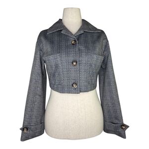 Farrow M Cropped Plaid Button Front Jacket Glen Check Boxy Stretch Blazer